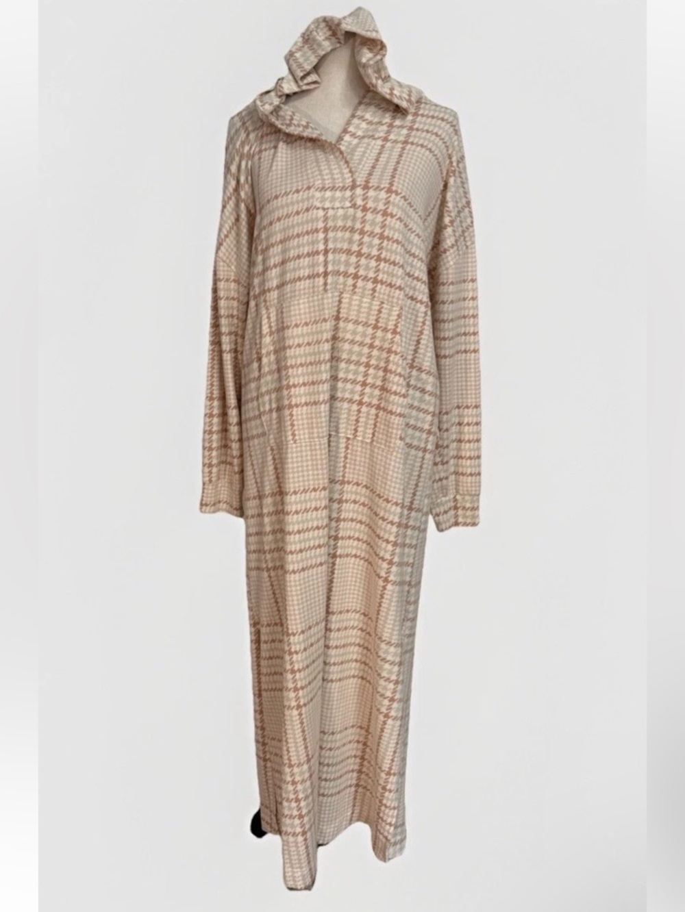 Sanctuary Medium Coastal Grandma Hooded Maxi Dress Plaid Loungewear Coastal Core